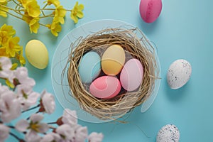 Happy easter orange blossom Eggs Easter egg party Basket. White feast Bunny sand. turquoise lagoon background wallpaper