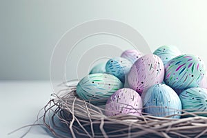 Happy easter Orange Glow Eggs Encrypted Easter Surprises Basket. White Easter Monday festivals Bunny bokeh. Easter vibe background