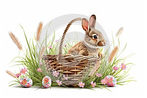 Happy easter Orange Glow Eggs Sprout Basket. White chuckling Bunny Botany. Multi colored eggs background wallpaper