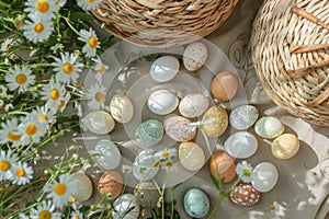 Happy easter orange squeeze Eggs Celebration Basket. White easter throw blanket Bunny organizing. Egg painting background