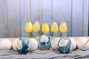 Happy Easter, organic blue easter egg in the middle of white color eggs wait for painting, easter holiday decorations