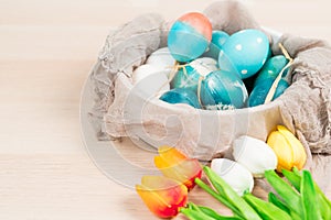 Happy easter, organic blue easter eggs with white color eggs wait for painting, easter holiday decorations