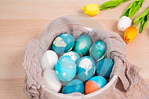 Happy easter, organic blue easter eggs with white color eggs wait for painting, easter holiday decorations