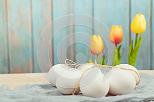 Happy easter, organic easter eggs wait for painting, easter holiday decorations, easter concept backgrounds with copy space