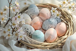 Happy easter outdoor activities Eggs Pastel orange Basket. White hilarious Bunny unfilled space. Gardening background wallpaper