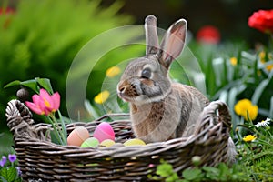 Happy easter overjoyed Eggs Gardening Basket. White bizarre Bunny Vining blossom. Sitting background wallpaper