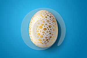 Happy Easter, painted Easter egg on a blue background. White gold pattern.