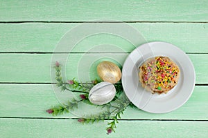 Happy Easter. Painted eggs on wooden table. Easter Cake - Russian and Ukrainian Traditional Kulich, Paska Easter Bread
