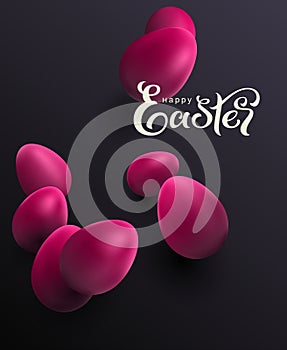 Happy easter painted red eggs on black background and text