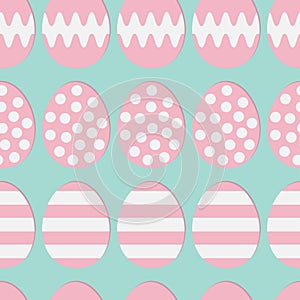 Happy Easter painting egg shell. Pink color with dot, stripe, zigzag pattern. Seamless Pattern Wrapping paper, textile template.