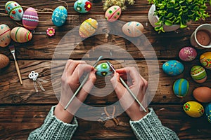 Happy Easter Painting Table Top View, Family Hands are Painting Easter Eggs, Celebration Preparing