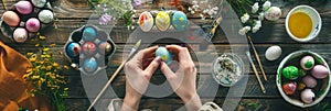 Happy Easter Painting Table Top View, Family Hands are Painting Easter Eggs, Celebration Preparing