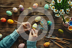 Happy Easter Painting Table Top View, Family Hands are Painting Easter Eggs, Celebration Preparing
