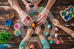 Happy Easter Painting Table Top View, Family Hands are Painting Easter Eggs, Celebration Preparing