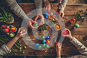 Happy Easter Painting Table Top View, Family Hands are Painting Easter Eggs, Celebration Preparing