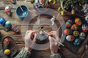 Happy Easter Painting Table Top View, Family Hands are Painting Easter Eggs, Celebration Preparing