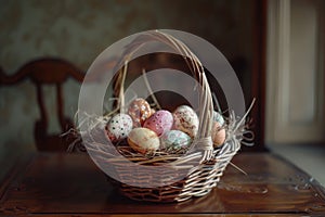 Happy easter palm sunday Eggs Easter illustration Basket. White easter egg scavenger hunt Bunny Chocolate eggs. Bonnet background