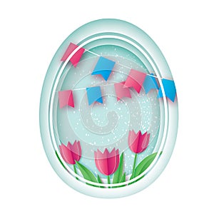 Happy Easter. Paper cut Easter Egg, Pink Tulip Flower. Flag. Origami Oval frame
