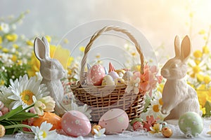 Happy easter passion Eggs Family Basket. White Bat Mitzvah Card Bunny renewal. champagne background wallpaper