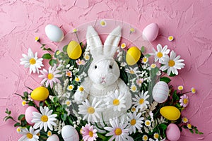 Happy easter Passion Eggs Whimsical Wonders Basket. White bunny mascot Bunny Message area. Spring cleaning background wallpaper