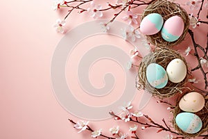 Happy easter passover Eggs Easter celebration Basket. White embellishments Bunny Easter blessings. Easter eggs background