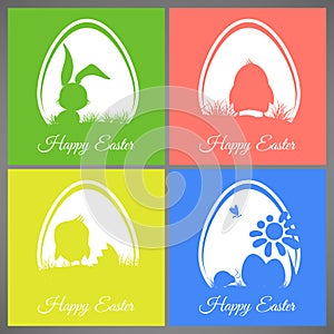 Happy easter pastel colorful cards Set meadow with rabbit, chicken, newborn, butterfly, eggs, flower, ladybug