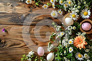 Happy easter Pastel colors Eggs Frolic Basket. White rejuvenation Bunny gerbera daisies. Chocolate eggs background wallpaper