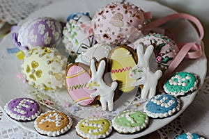 happy easter pastel eastereggs bunny cookies table lace words alphabet greeting message