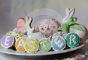 happy easter pastel eastereggs bunny cookies table lace words alphabet greeting message