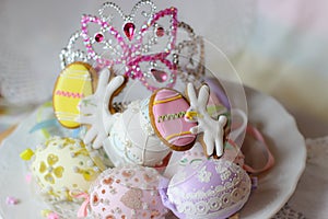 happy easter pastel eastereggs bunny cookies table princess crown tiara