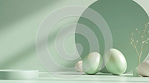 Happy Easter! Pastel green Easter background with eggs and podium for products. Stylish tender spring template with space for text