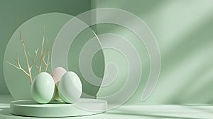 Happy Easter! Pastel green Easter background with eggs. Stylish tender spring template with space for text. Greeting card or