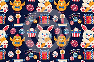 Happy Easter pattern. Bunny holding carrots, chicks, eggs, gifts, candles and cookies