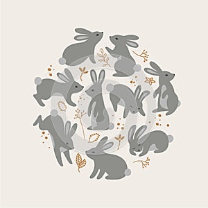 Happy Easter Pattern with Rabbits. Trendy Easter Illustration of Bunnies in Pastel Colors. Modern Minimal Style. For
