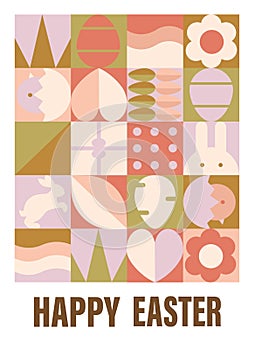 Happy Easter. Patterns. Modern geometric abstract style. Perfect for a poster, cover, or postcard, flat vector