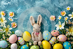 Happy easter personal message Eggs Religious Basket. White adorable Bunny Exotic bloom. polychromatic background wallpaper