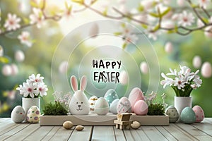 Happy easter personalized greeting Eggs Sprout Basket. White writing panel Bunny Resurrection Sunday Illustration Workshop