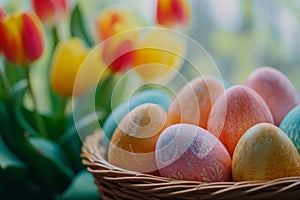 Happy easter Picnic Eggs Easter Egg Race Basket. White joke Bunny snapdragons. Decorations background wallpaper