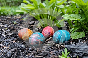 Happy easter pine needle green Eggs Blossoming orchards Basket. White splash of color Bunny decorations. Rose Feather background