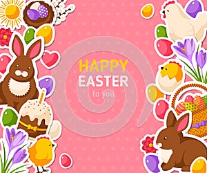 Happy Easter Pink Banner With Flat Stickers