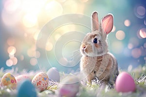 Happy easter pink bunny Eggs Salvation Basket. White food Bunny rose cloud. innocent background wallpaper