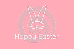 Happy Easter. Pink cute festive horizontal greeting card with rabbit ears. Greeting card hidden bunny head. Holiday