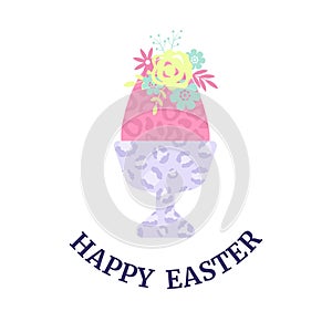 Happy Easter. Pink egg with flower. Pastel colors, flat design. Vector