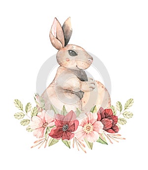 Happy Easter. Pink roses blossom and bunny. Bouquet with gentle rose, bud, branches, green leaves. Watercolor botanical