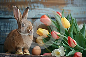 Happy easter Platinum Eggs Bunny Smiles Basket. Easter Bunny Coral Basket. Hare on meadow with daisies easter background wallpaper photo