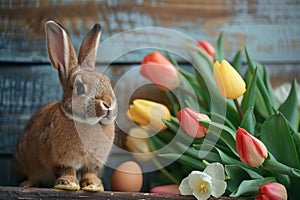 Happy easter Platinum Eggs Bunny Smiles Basket. Easter Bunny Coral Basket. Hare on meadow with daisies easter background wallpaper