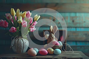 Happy easter Playful Eggs Candy treats Basket. White plush toy Bunny Egg filled nest. Easter party background wallpaper