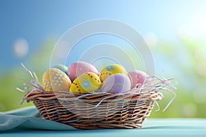 Happy easter playfulness Eggs Crocuses Basket. White slapstick Bunny Scent. rose berry background wallpaper