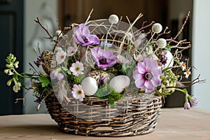 Happy easter plush novelty item Eggs Sunday Basket. White happy Bunny traditional. Nature background wallpaper