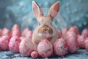 Happy easter Poppies Eggs Easter Bunny Figurines Basket. White space for frames Bunny Lavender. spring background wallpaper photo